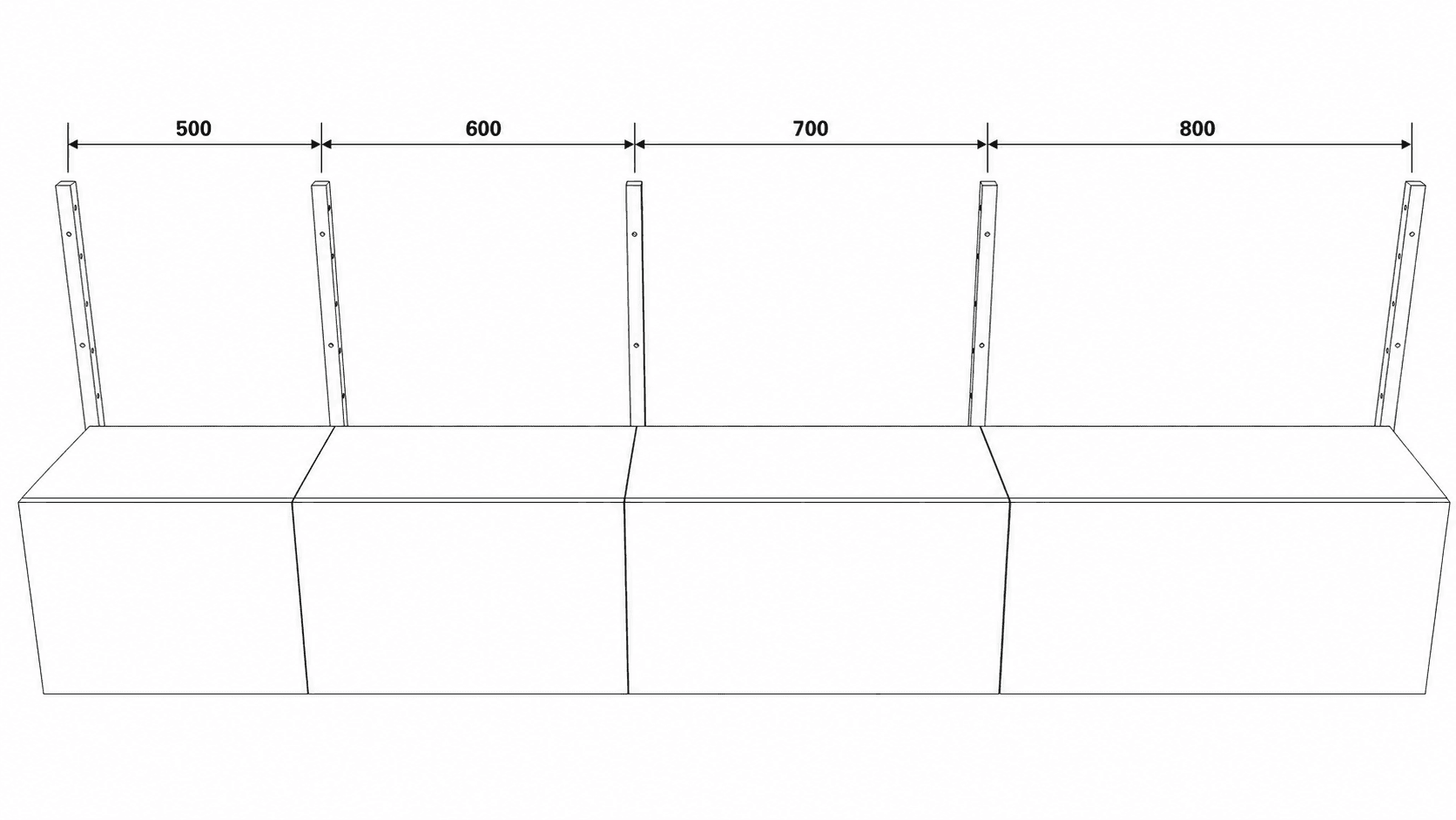 Wireframe showing MESTRA standard bay widths of 500, 600, 700, and 800 millimetres