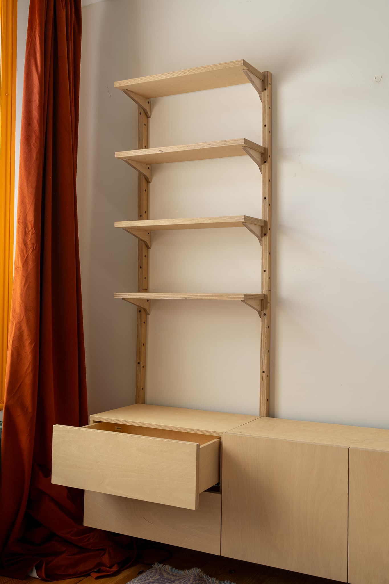 Open double drawer module in a MESTRA birch plywood cabinet