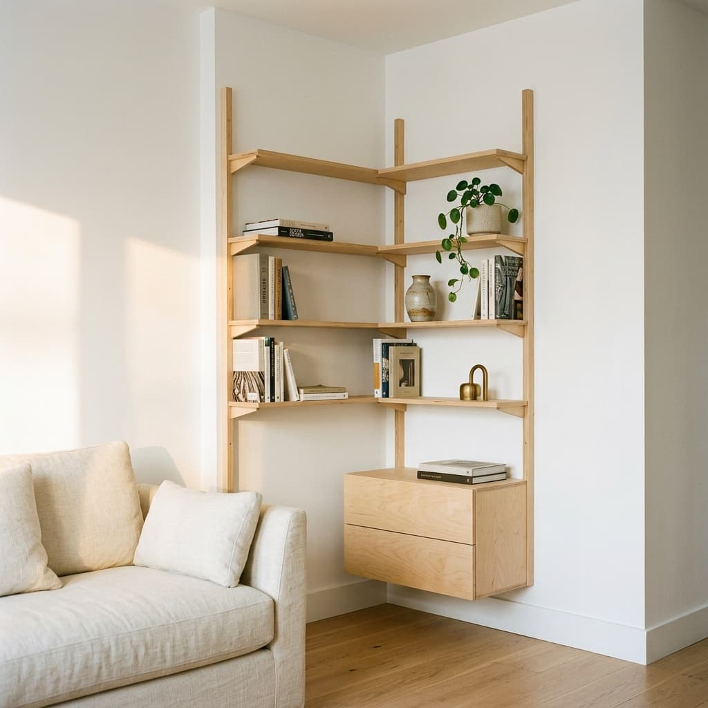 Birch plywood shelving and cabinet storage arranged as a made-to-measure wall system