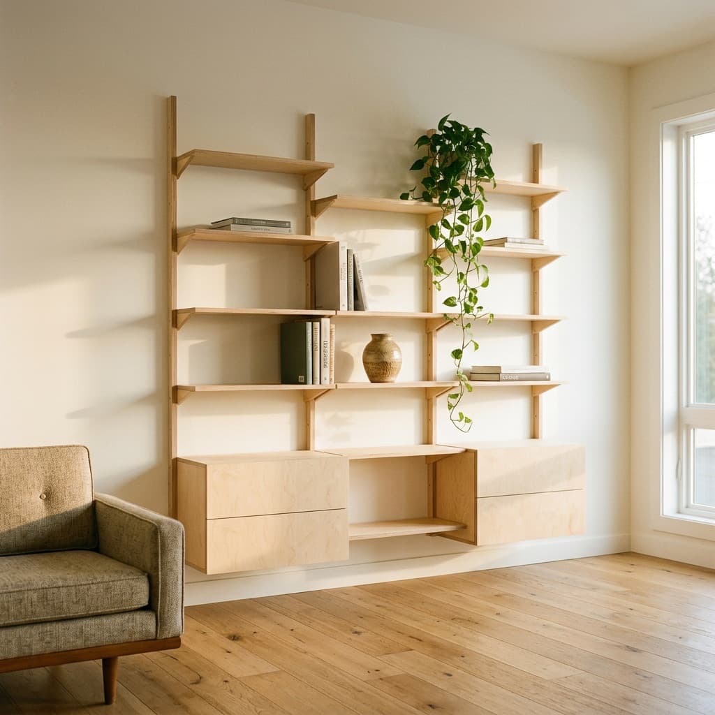 MESTRA wall-mounted shelving layout in a room